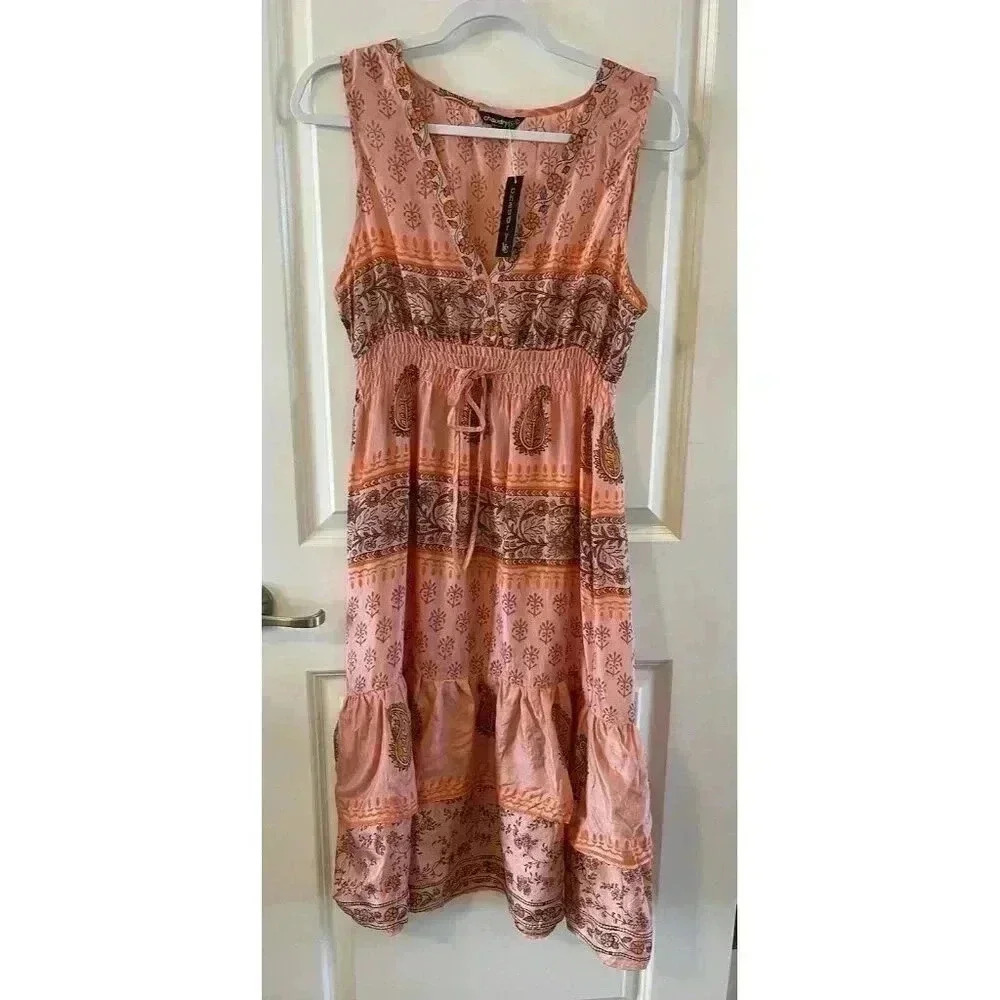 NWT Chaudry KC Size Med 100% Silk Coral Ruffle Floral Knee Length Boho Peasant